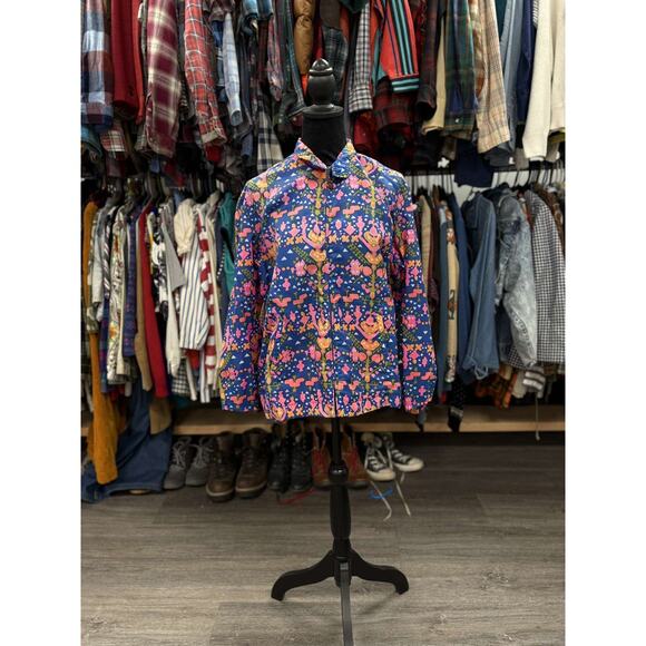 Vintage Neon Pink and Orange Pattered Blue Slick Jacket Size Large - Picture 1 of 4